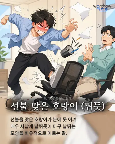 한국어 속담 “선불 맞은 호랑이 (뛰듯)” 1컷 일러스트
