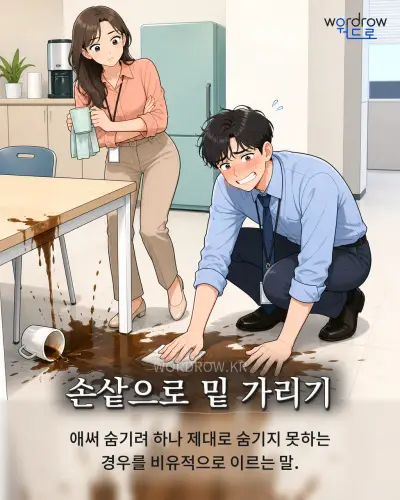 한국어 속담 “손샅으로 밑 가리기” 1컷 일러스트