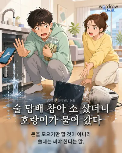 한국어 속담 “술 담배 참아 소 샀더니 호랑이가 물어 갔다” 1컷 일러스트