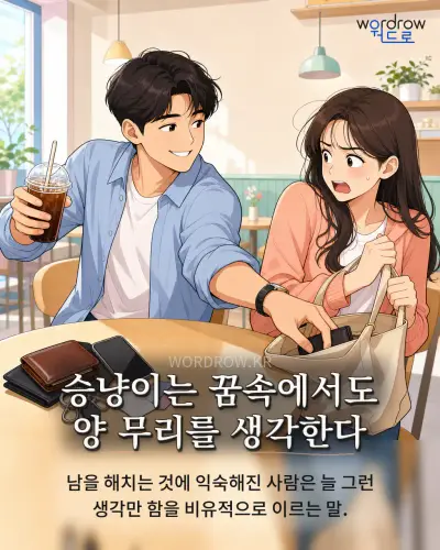 한국어 속담 “승냥이는 꿈속에서도 양 무리를 생각한다” 1컷 일러스트