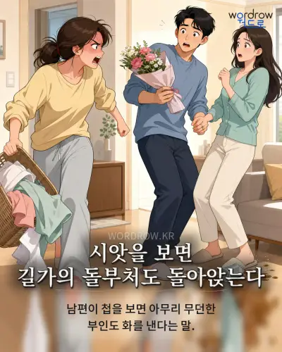 한국어 속담 “시앗을 보면 길가의 돌부처도 돌아앉는다” 1컷 일러스트