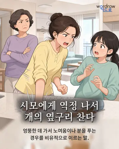 한국어 속담 “시모에게 역정 나서 개의 옆구리 찬다” 1컷 일러스트