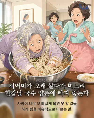 한국어 속담 “시어미가 오래 살다가 며느리 환갑날 국수 양푼에 빠져 죽는다” 1컷 일러스트