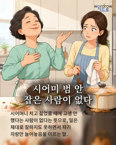 한국어 속담 “시어미 범 안 잡은 사람이 없다” 1컷 일러스트