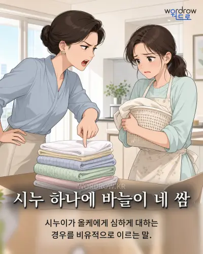 한국어 속담 “시누 하나에 바늘이 네 쌈” 1컷 일러스트