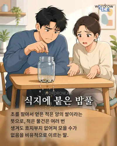 한국어 속담 “식지에 붙은 밥풀” 1컷 일러스트