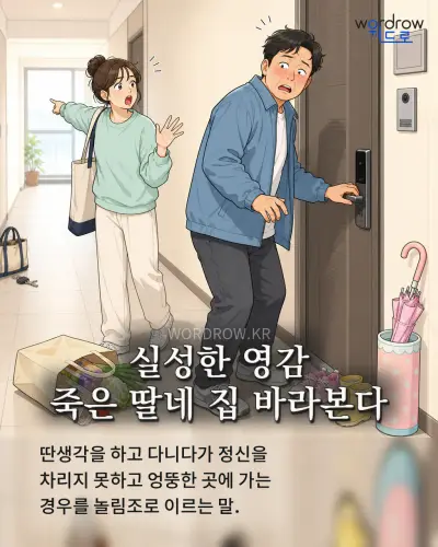 한국어 속담 “실성한 영감 죽은 딸네 집 바라본다” 1컷 일러스트