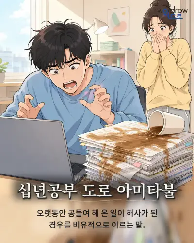 한국어 속담 “십년공부 도로 아미타불” 1컷 일러스트