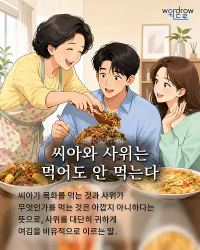 한국어 속담 “씨아와 사위는 먹어도 안 먹는다” 1컷 일러스트