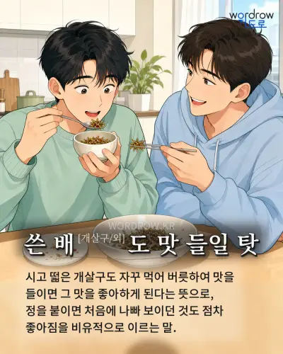 한국어 속담 “쓴 배[개살구/외]도 맛 들일 탓” 1컷 일러스트