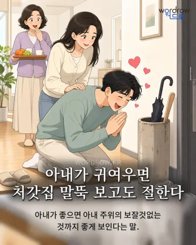 한국어 속담 “아내가 귀여우면 처갓집 말뚝 보고도 절한다” 1컷 일러스트