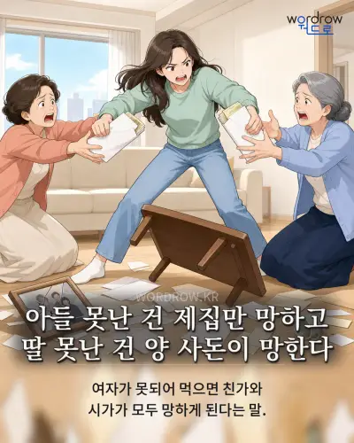 한국어 속담 “아들 못난 건 제집만 망하고 딸 못난 건 양 사돈이 망한다” 1컷 일러스트