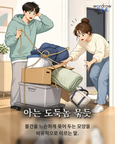 한국어 속담 “아는 도둑놈 묶듯”를 한 장면으로 담은 1컷 일러스트