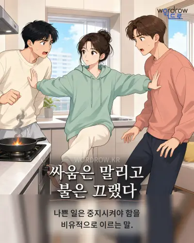 한국어 속담 “싸움은 말리고 불은 끄랬다” 1컷 일러스트