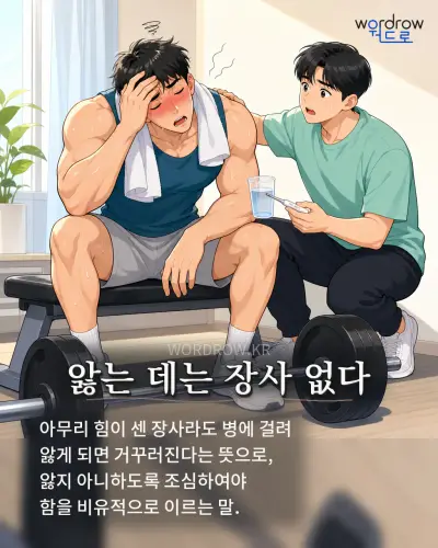 한국어 속담 “앓는 데는 장사 없다” 1컷 일러스트