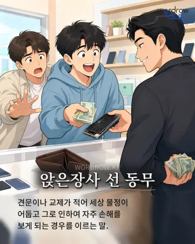 한국어 속담 “앉은장사 선 동무” 1컷 일러스트
