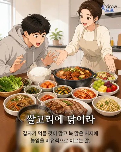 한국어 속담 “쌀고리에 닭이라” 1컷 일러스트