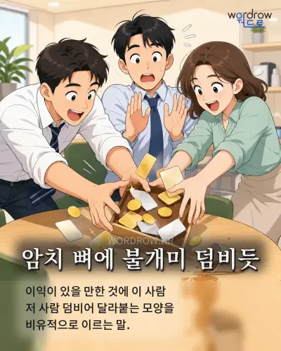 한국어 속담 “암치 뼈에 불개미 덤비듯” 1컷 일러스트