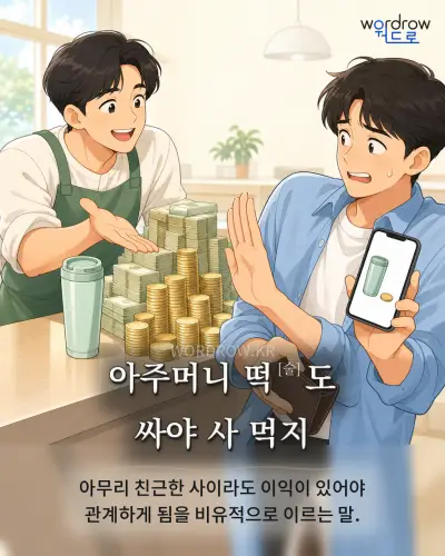 한국어 속담 “아주머니 떡[술]도 싸야 사 먹지” 1컷 일러스트
