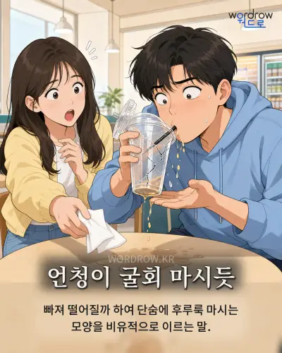 한국어 속담 “언청이 굴회 마시듯” 1컷 일러스트