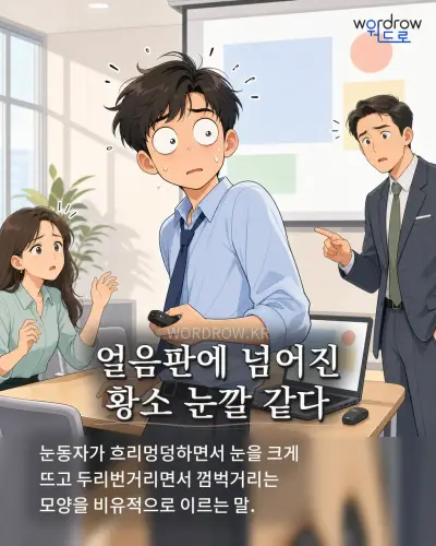 한국어 속담 “얼음판에 넘어진 황소 눈깔 같다” 1컷 일러스트