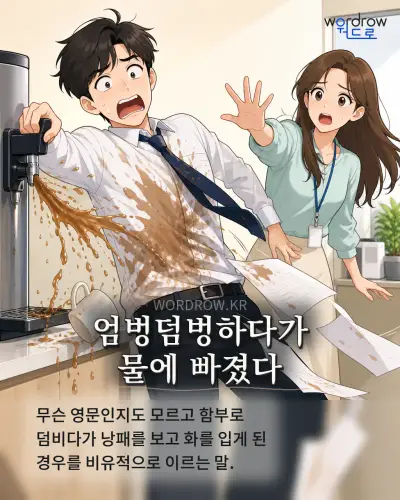 한국어 속담 “엄벙덤벙하다가 물에 빠졌다” 1컷 일러스트