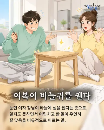 한국어 속담 “여복이 바늘귀를 꿴다” 1컷 일러스트