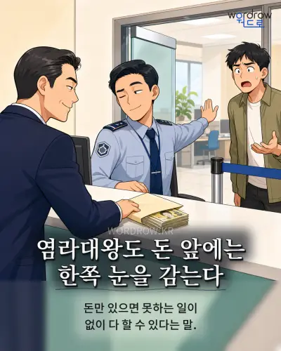 한국어 속담 “염라대왕도 돈 앞에는 한쪽 눈을 감는다” 1컷 일러스트