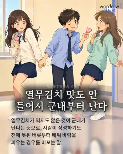 한국어 속담 “열무김치 맛도 안 들어서 군내부터 난다” 1컷 일러스트