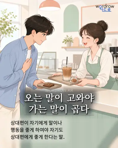 한국어 속담 “오는 말이 고와야 가는 말이 곱다” 1컷 일러스트