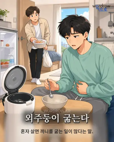 한국어 속담 “외주둥이 굶는다” 1컷 일러스트