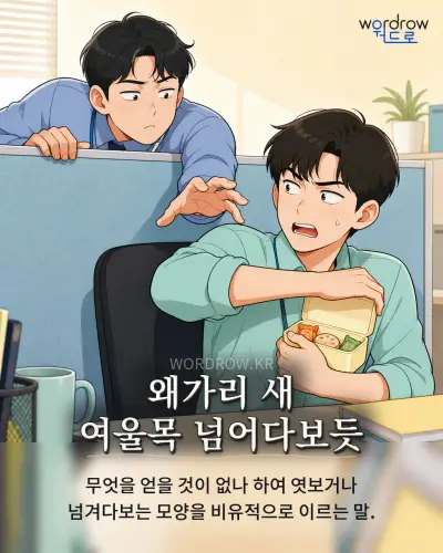 한국어 속담 “왜가리 새 여울목 넘어다보듯” 1컷 일러스트