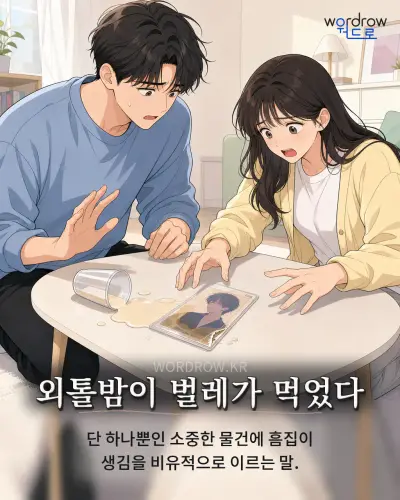 한국어 속담 “외톨밤이 벌레가 먹었다” 1컷 일러스트