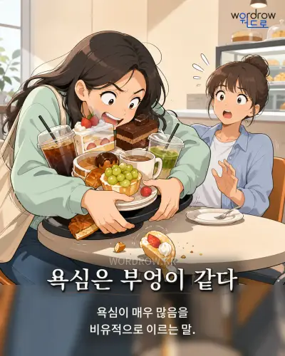 한국어 속담 “욕심은 부엉이 같다” 1컷 일러스트