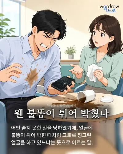 한국어 속담 “웬 불똥이 튀어 박혔나” 1컷 일러스트