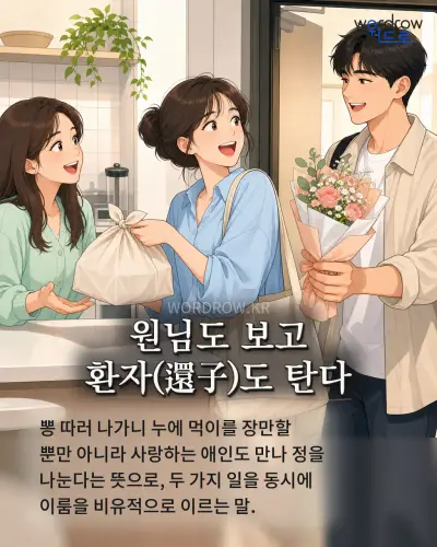 한국어 속담 “원님도 보고 환자(還子)도 탄다” 1컷 일러스트