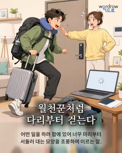 한국어 속담 “월천꾼처럼 다리부터 걷는다” 1컷 일러스트