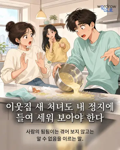 한국어 속담 “이웃집 새 처녀도 내 정지에 들여 세워 보아야 한다” 1컷 일러스트