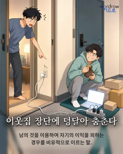 한국어 속담 “이웃집 장단에 덩달아 춤춘다” 1컷 일러스트