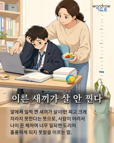 한국어 속담 “이른 새끼가 살 안 찐다” 1컷 일러스트