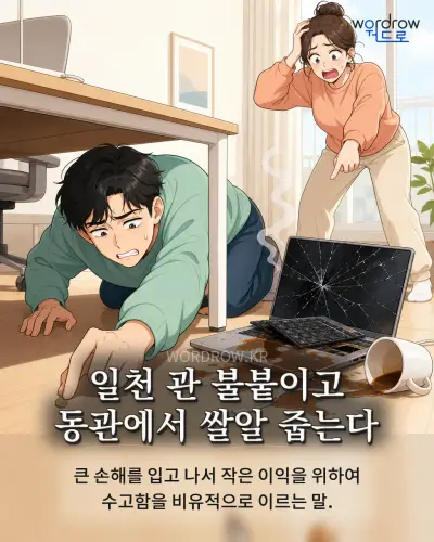 한국어 속담 “일천 관 불붙이고 동관에서 쌀알 줍는다” 1컷 일러스트