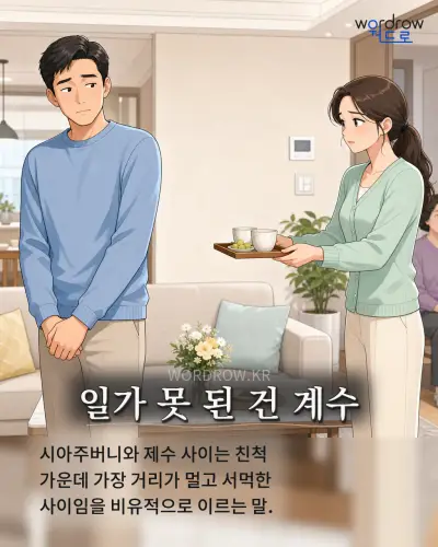 한국어 속담 “일가 못 된 건 계수” 1컷 일러스트