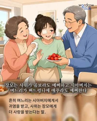 한국어 속담 “장모는 사위가 곰보라도 예뻐하고 시아버지는 며느리가 뻐드렁니에 애꾸라도 예뻐한다” 1컷 일러스트