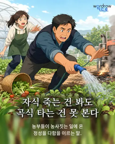 한국어 속담 “자식 죽는 건 봐도 곡식 타는 건 못 본다” 1컷 일러스트