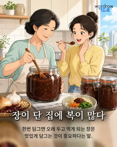 한국어 속담 “장이 단 집에 복이 많다” 1컷 일러스트
