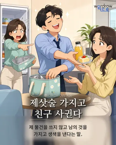 한국어 속담 “제삿술 가지고 친구 사귄다”를 한 장면으로 담은 1컷 일러스트