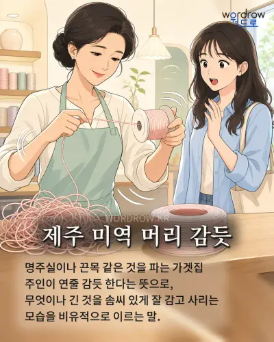 한국어 속담 “제주 미역 머리 감듯” 1컷 일러스트