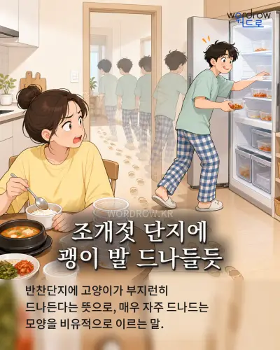 한국어 속담 “조개젓 단지에 괭이 발 드나들듯” 1컷 일러스트