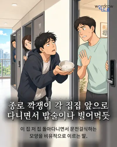 한국어 속담 “종로 깍쟁이 각 집집 앞으로 다니면서 밥술이나 빌어먹듯” 1컷 일러스트