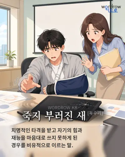 한국어 속담 “죽지 부러진 새” 1컷 일러스트